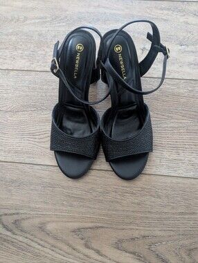 Newbella Black Textured Block Heel Sandals with Ankle Strap